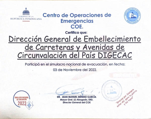 El COE entrega certificación a la Dirección General de Embellecimiento de Carreteras y Avenidas de Circunvalación (DIGECAC)
